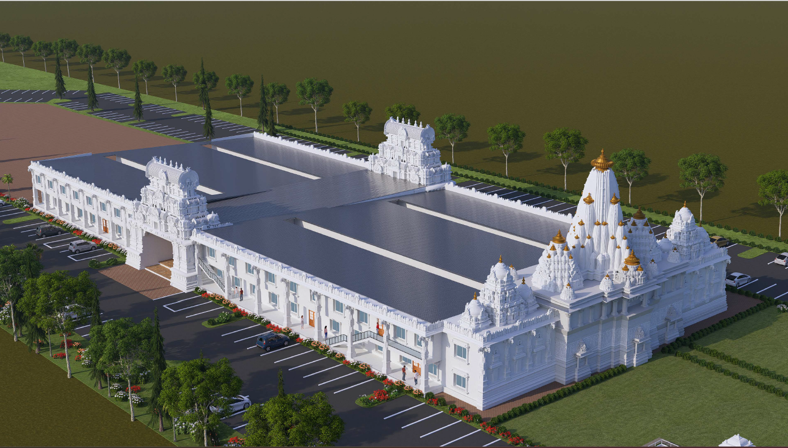 Aerial daytime view of the full temple complex