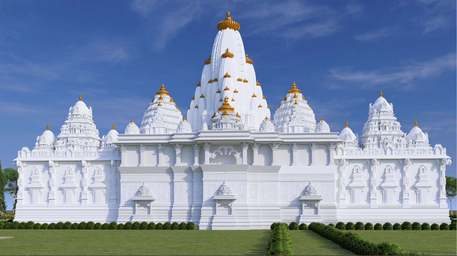 Temple front daytime view with blue sky