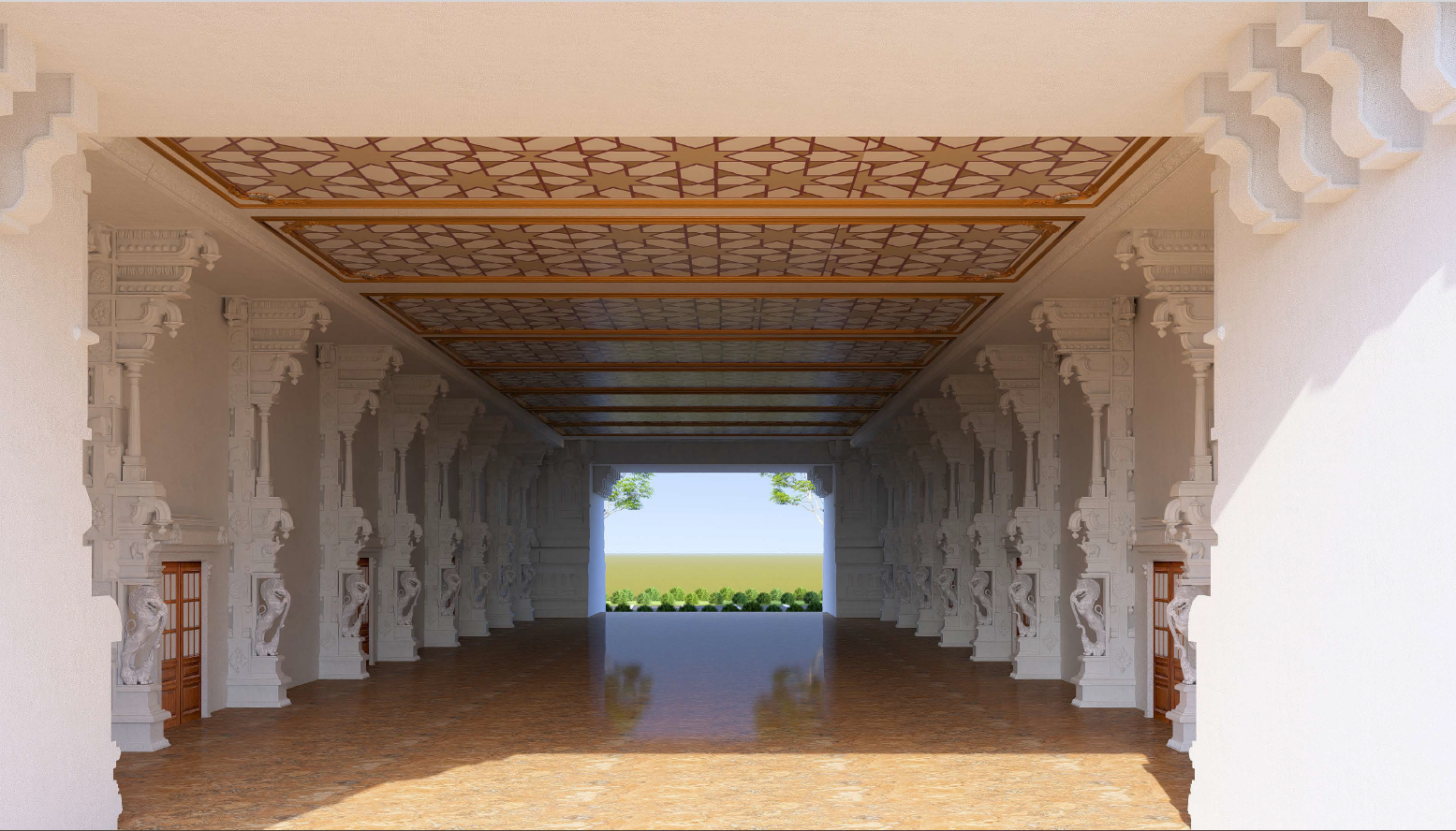 Temple interior corridor with ornate carved pillars